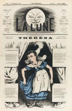 Caricature de Thérésa représentée en icône populaire par excellence, maigre, noiraude et pauvrement vêtue d’une robe-tablier bleue, une femme du peuple qui braille. 